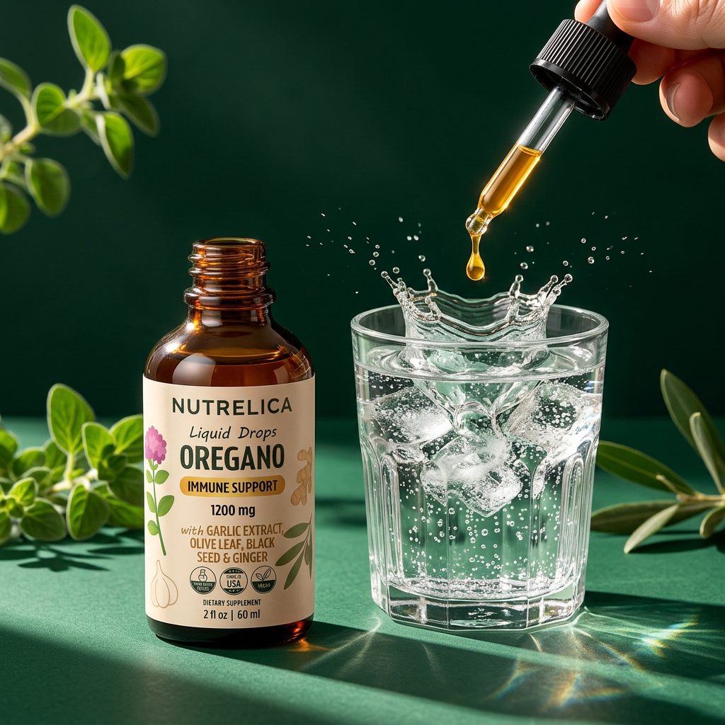 A drop of Oregano Oil with Garlic Extract, Olive Leaf, Black Seed Oil & Ginger splashing into a glass of sparkling water