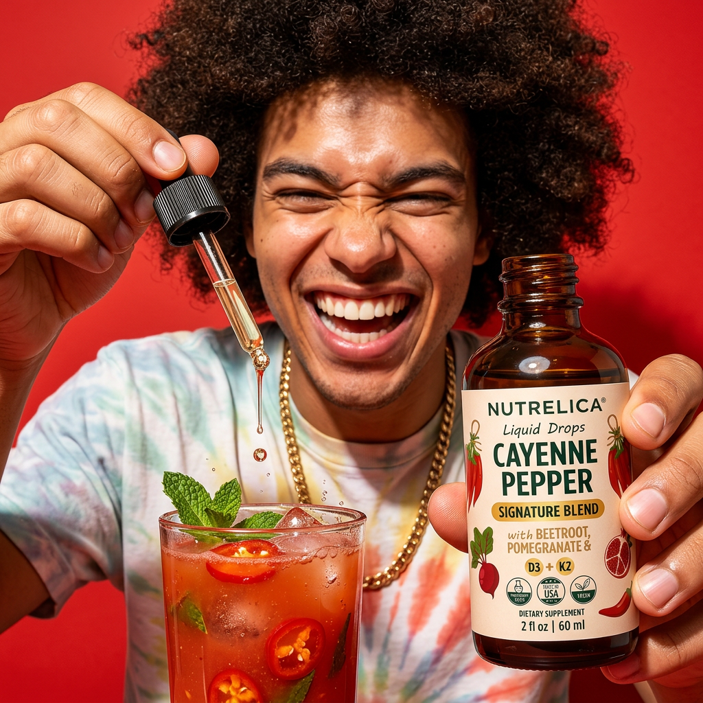 A smiling person adding Cayenne Pepper drops to a glass of sparkling water