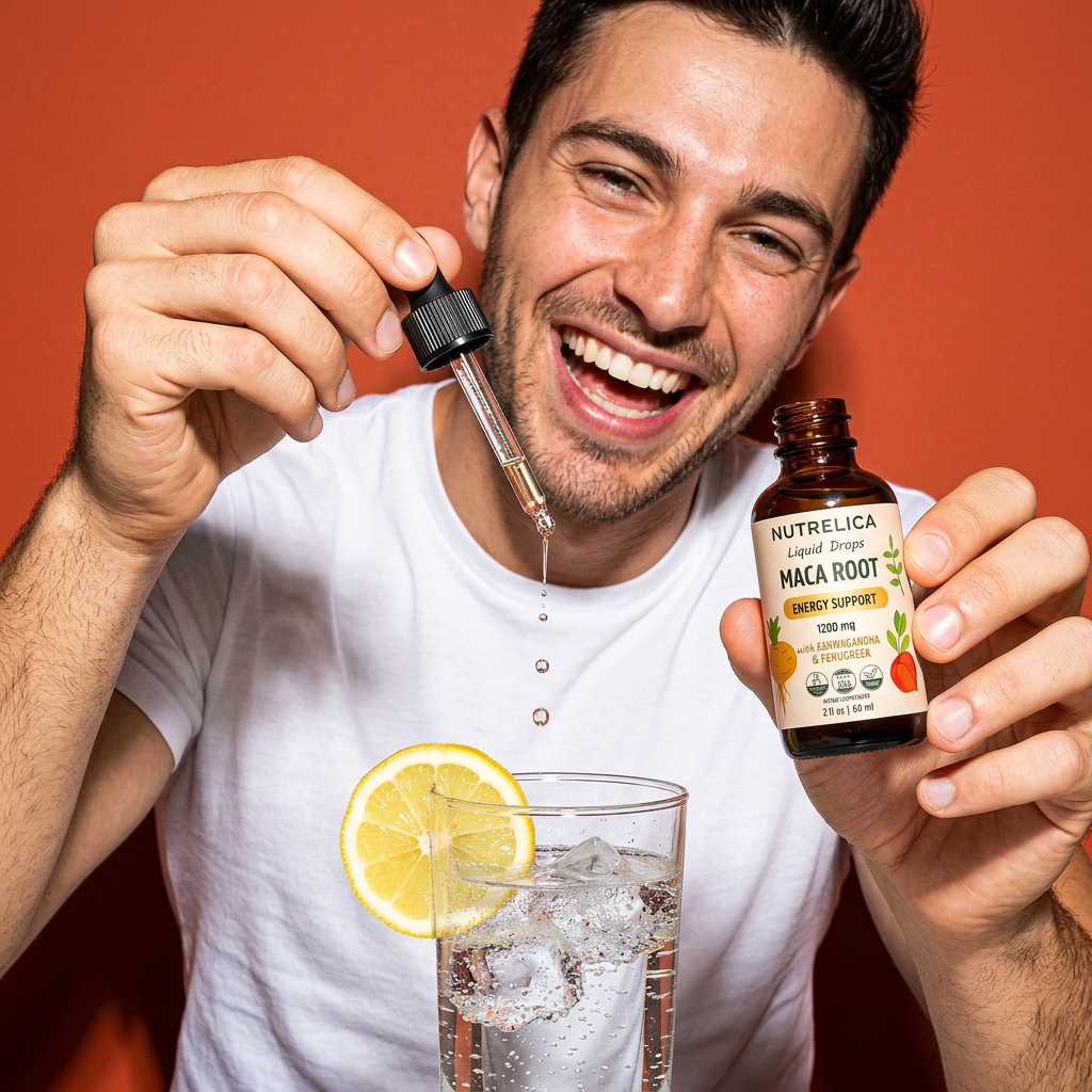 A smiling person adding Maca Root drops to a glass of sparkling water