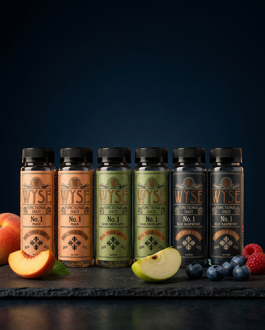 Wyse No. 1 functional shots in Peach, Sour Green Apple and Blue Raspberry with fresh fruit