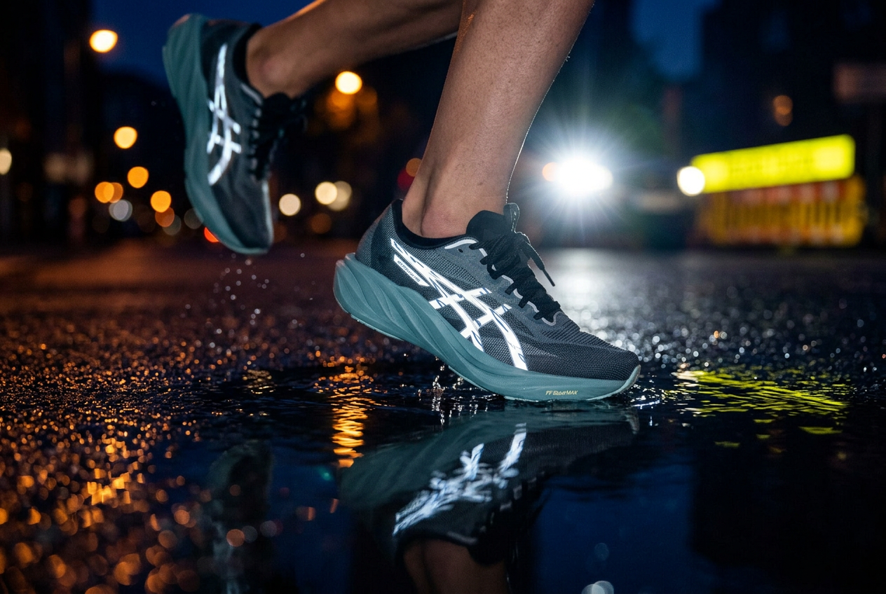 Runner in ASICS Light Show shoes splashing through a wet street at night, reflective stripes glowing in a car's headlights
