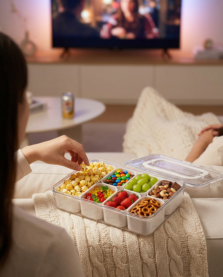 Snack Buddy tray filled with popcorn, candies and fruit on a sofa during movie night