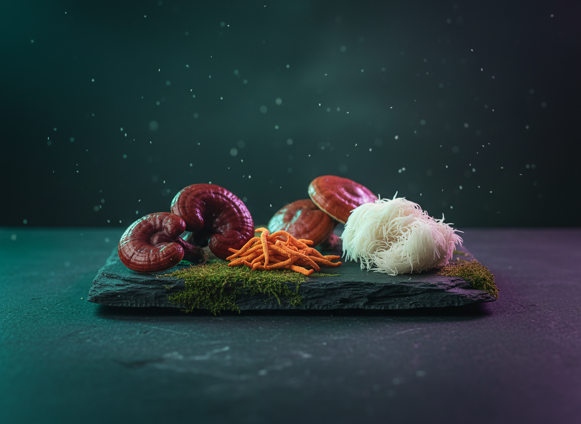 Reishi, cordyceps and lion's mane mushrooms on dark slate, lit with a soft teal and violet glow