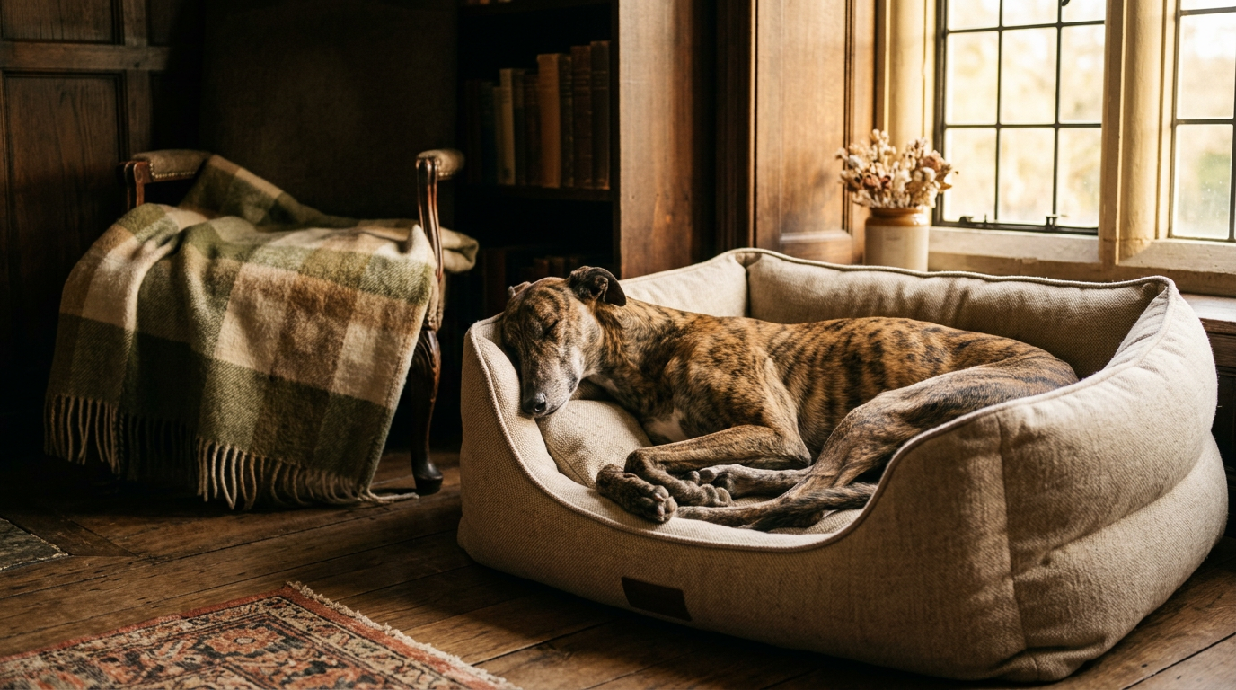 A brindle lurcher asleep on a deep, supportive oatmeal bed in a warm, wood-panelled sitting room