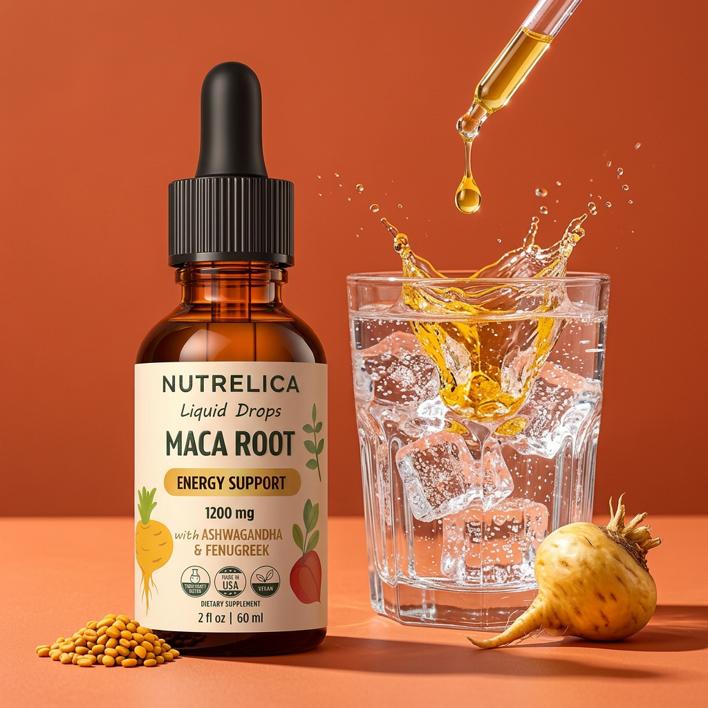 A drop of Maca Root with Ashwagandha & Fenugreek splashing into a glass of sparkling water