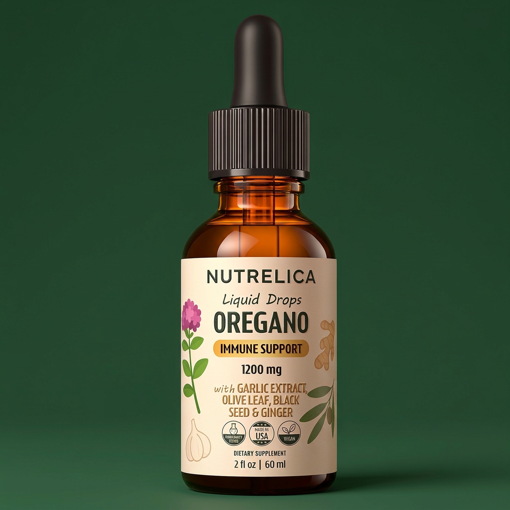 Oregano Oil with Garlic Extract, Olive Leaf, Black Seed Oil & Ginger bottle — vegan, zero sugar, alcohol-free and non-GMO