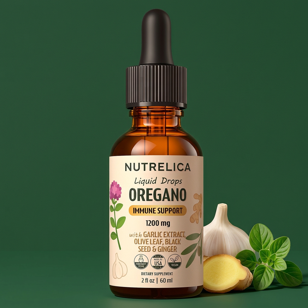 Oregano Oil with Garlic Extract, Olive Leaf, Black Seed Oil & Ginger bottle with its botanicals — zero sugar, zero alcohol, no pills