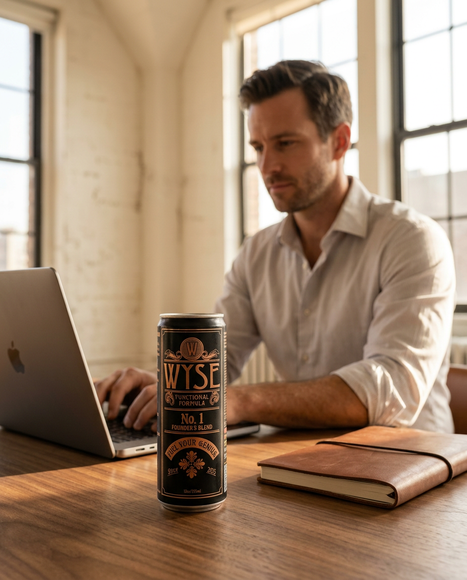 Founder working at a sunlit desk with a can of Wyse Founders Blend