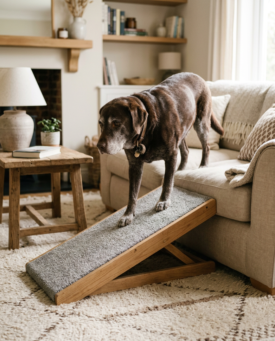 A grey-muzzled senior Labrador walking up a low ramp onto a sofa