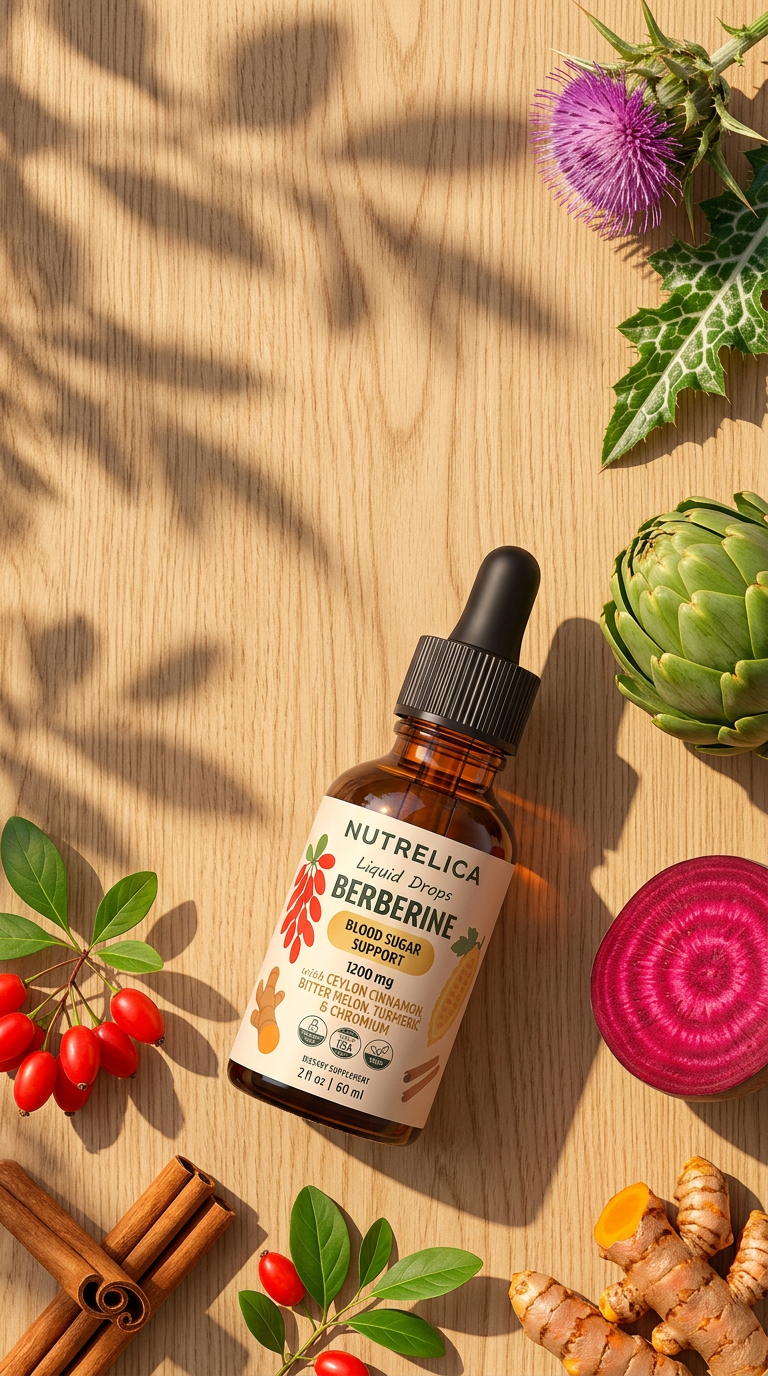 NUTRELICA Berberine drops on a sunlit oak table with milk thistle, artichoke, beetroot, turmeric, barberries and cinnamon