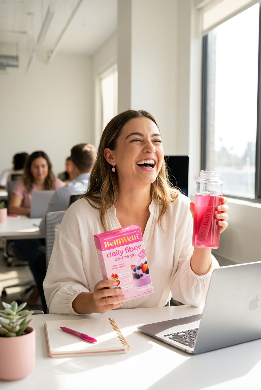 Woman laughing at her desk with a box of BelliWelli on-the-go packs