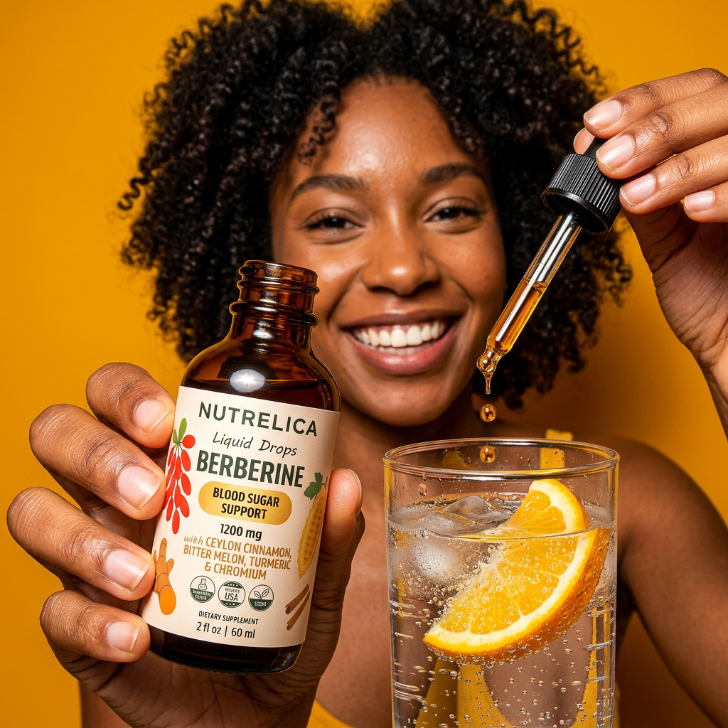 A smiling person adding Berberine drops to a glass of sparkling water