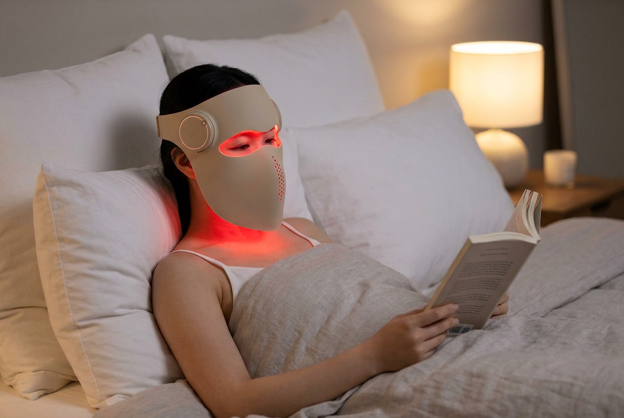 Woman reading a book in bed while wearing the AGE REWIND LED light therapy mask