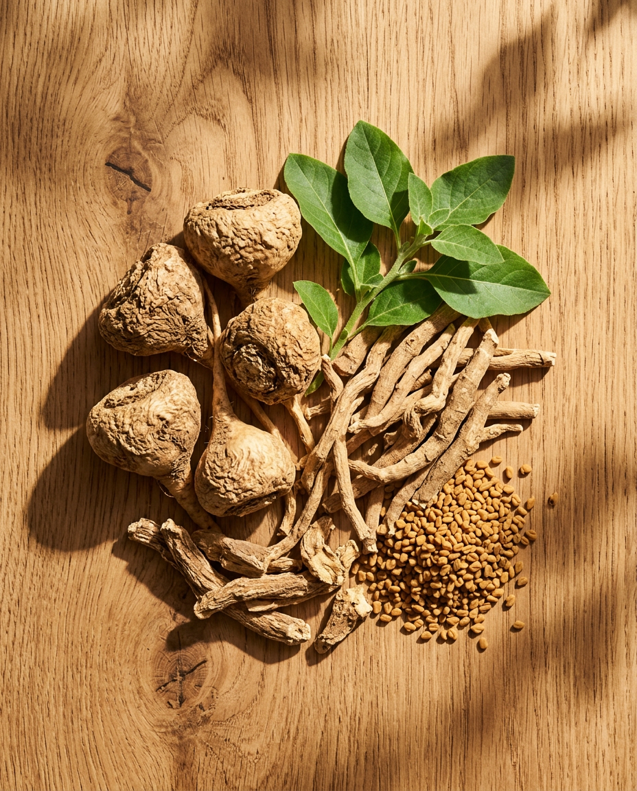 The whole botanicals inside Maca Root on a sunlit oak table