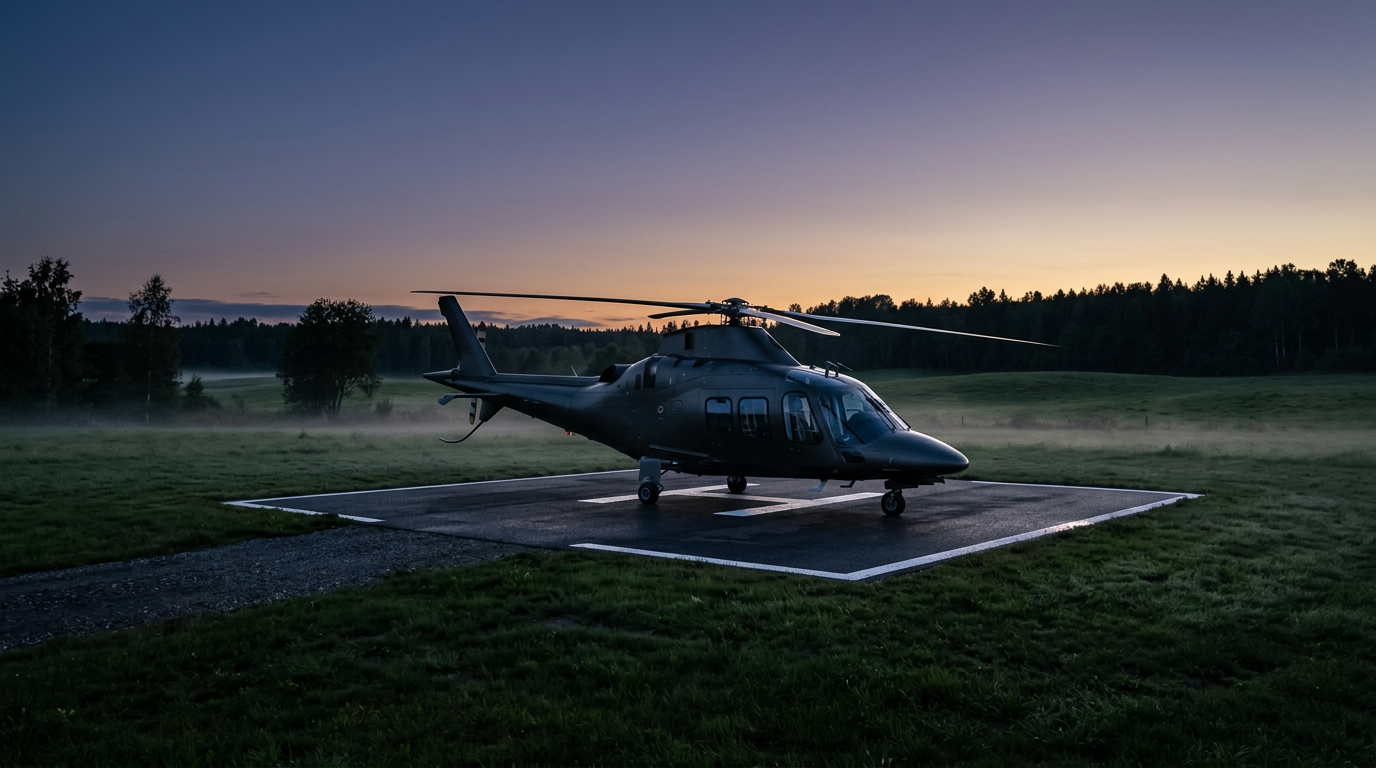 Dunkler Business-Helikopter auf einem Helipad in der Abenddämmerung