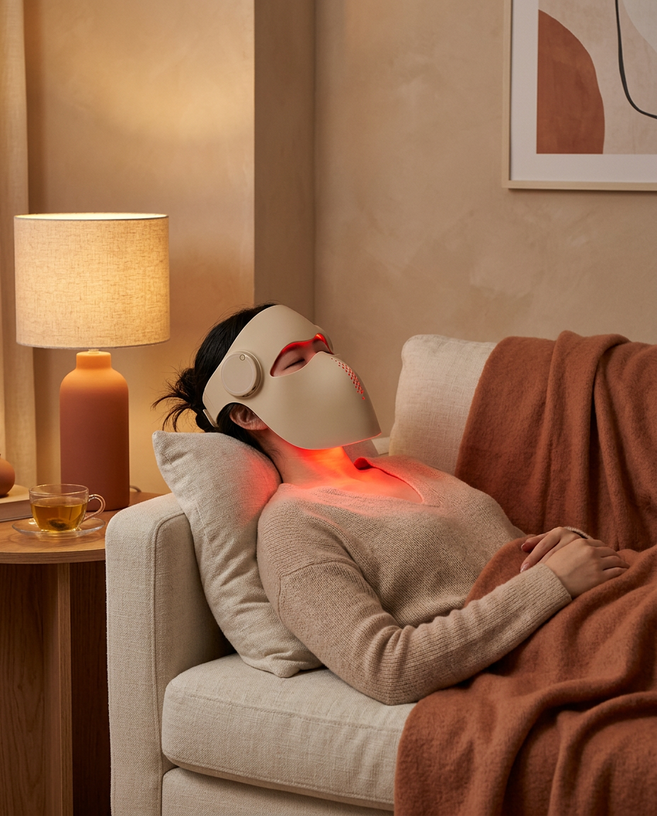 Woman relaxing on a linen sofa at home wearing the AGE REWIND LED light therapy mask