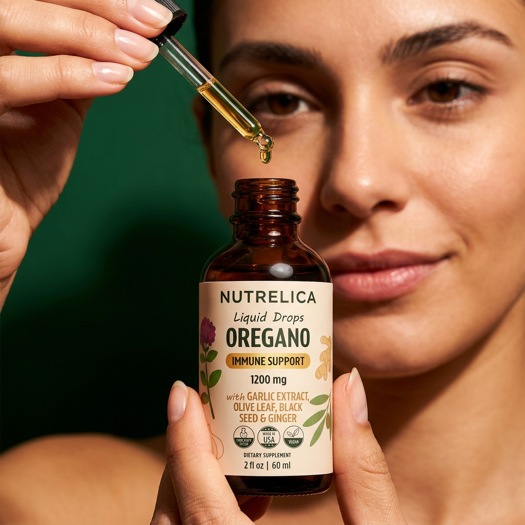 Hand holding Oregano Oil with Garlic Extract, Olive Leaf, Black Seed Oil & Ginger with a drop on the dropper