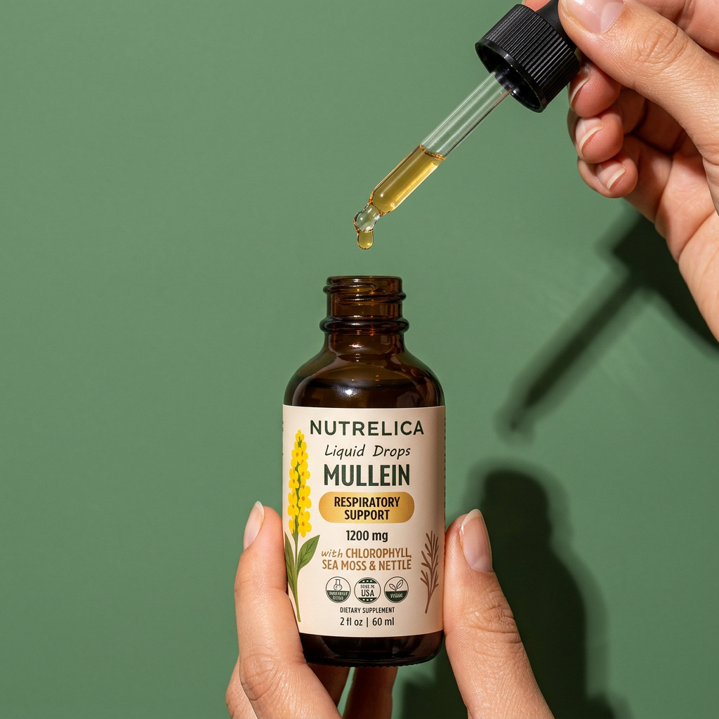Hand holding Mullein with Chlorophyll, Sea Moss & Nettle with a drop on the dropper