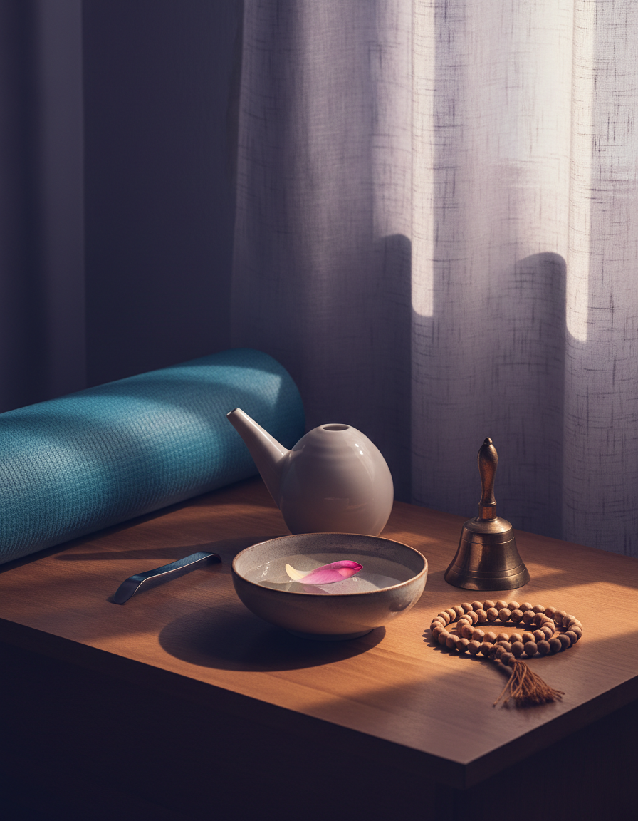 A calm morning ritual altar with a neti pot, tongue cleaner, folded yoga mat, a floating lotus flower, mala and brass bell