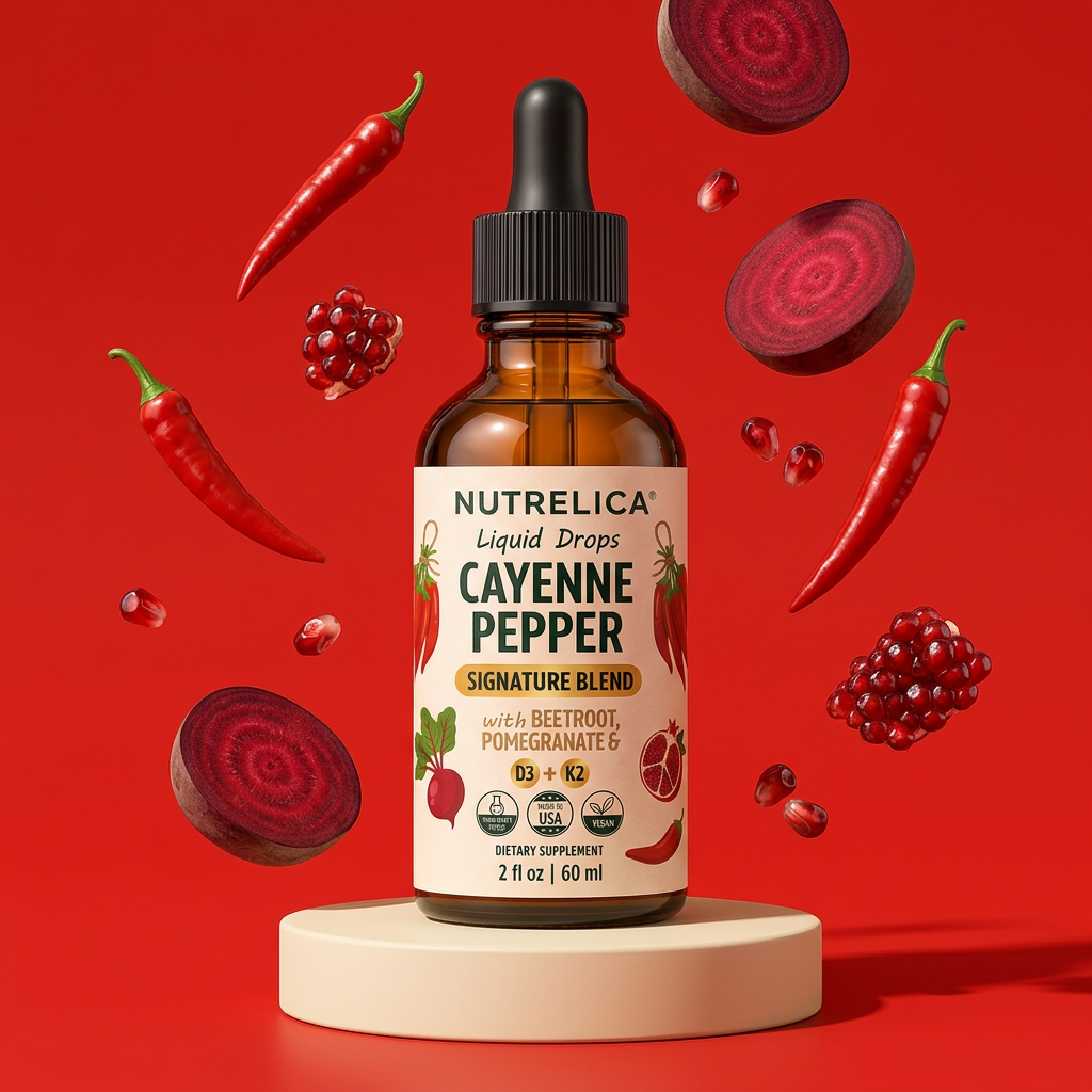 Cayenne Pepper with Beetroot, Pomegranate, Vitamin D3 & K2 bottle on a pedestal surrounded by its botanicals