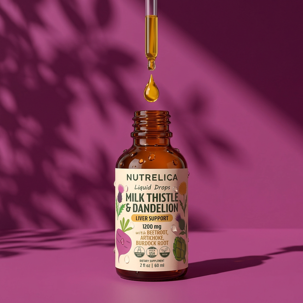 Milk Thistle & Dandelion with Beet Root, Artichoke & Burdock amber dropper bottle in warm sunlight
