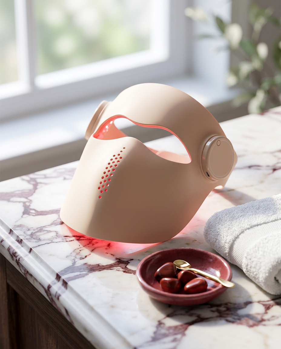 LED light therapy mask resting on a marble vanity with a soft red glow