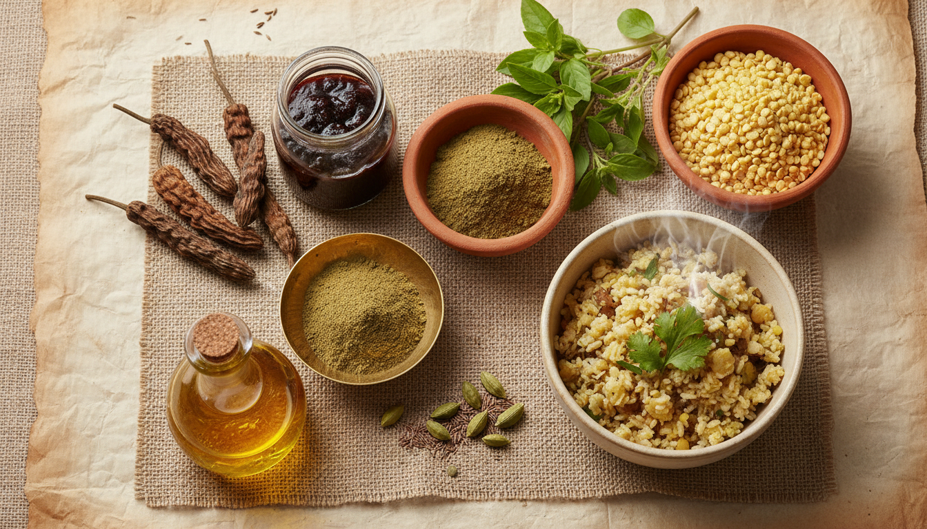 Overhead view of an Ayurvedic kitchen apothecary with triphala powder, chyavanprash, long pepper, tulsi, mung dal, kitchari and golden sesame oil