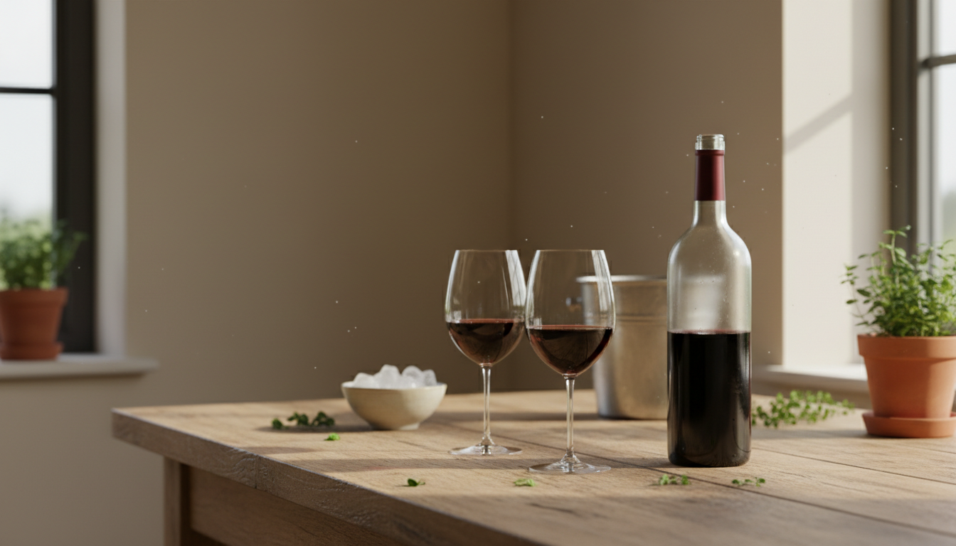 A bottle of red wine and two glasses on an oak kitchen table in warm afternoon light, with an ice bucket nearby