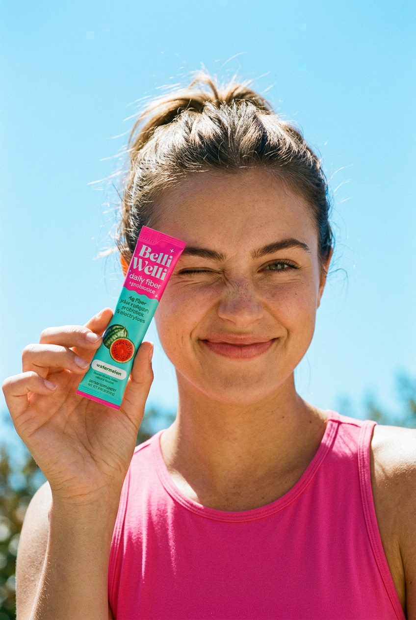 Woman winking while holding a BelliWelli fiber stick pack up to her eye