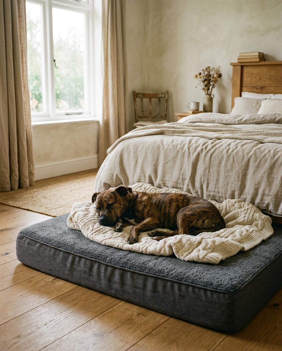 A young brindle dog resting on a thick supportive bed with a cream knitted blanket