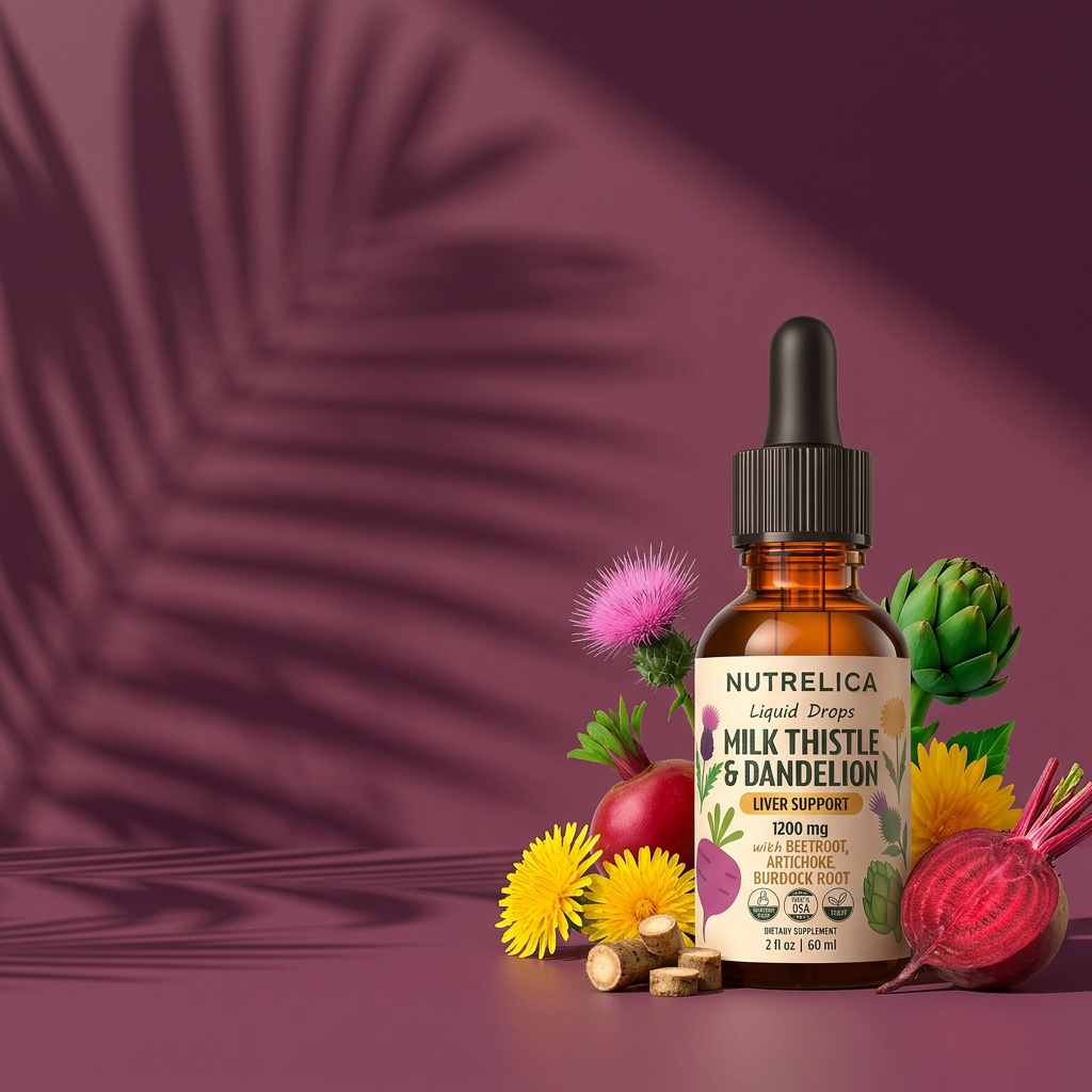 Milk Thistle & Dandelion with Beet Root, Artichoke & Burdock bottle on a sunlit backdrop with its botanicals