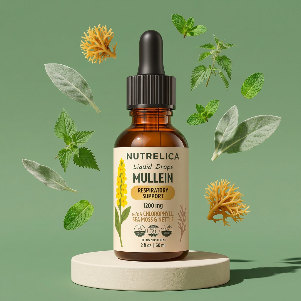 Mullein with Chlorophyll, Sea Moss & Nettle bottle on a pedestal surrounded by its botanicals