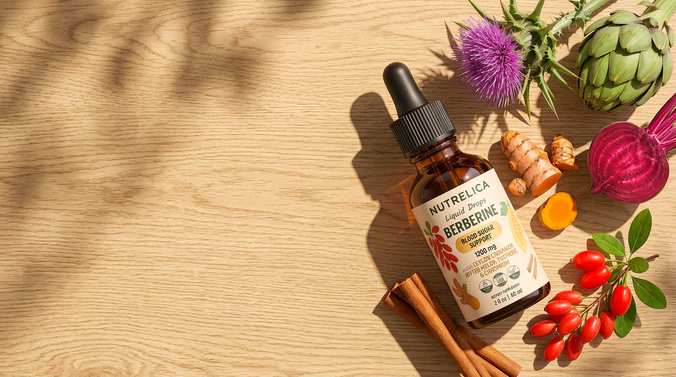 NUTRELICA Berberine drops on a sunlit oak table with milk thistle, artichoke, beetroot, turmeric, barberries and cinnamon