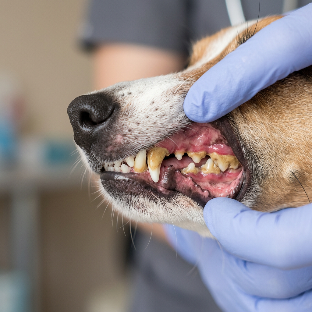 Prima: denti di un cane di piccola taglia con tartaro giallastro su canini e premolari e gengive arrossate