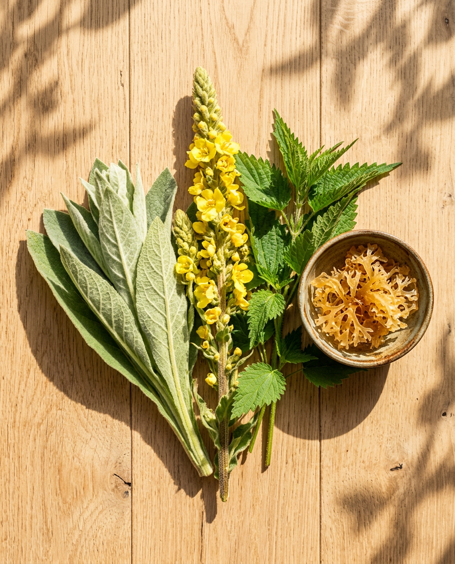The whole botanicals inside Mullein on a sunlit oak table