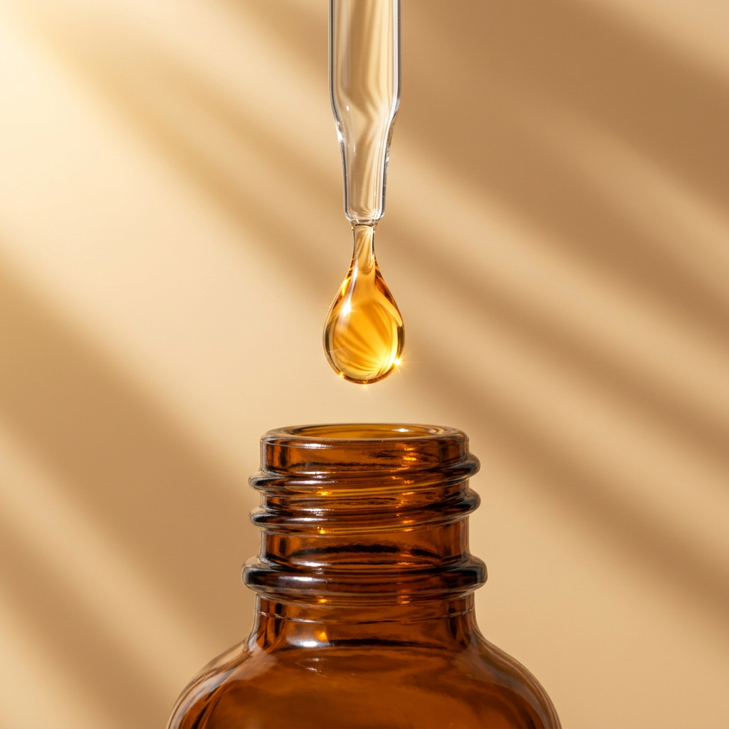 Macro close-up of a golden glycerin drop hanging from a glass pipette above an open amber bottle neck