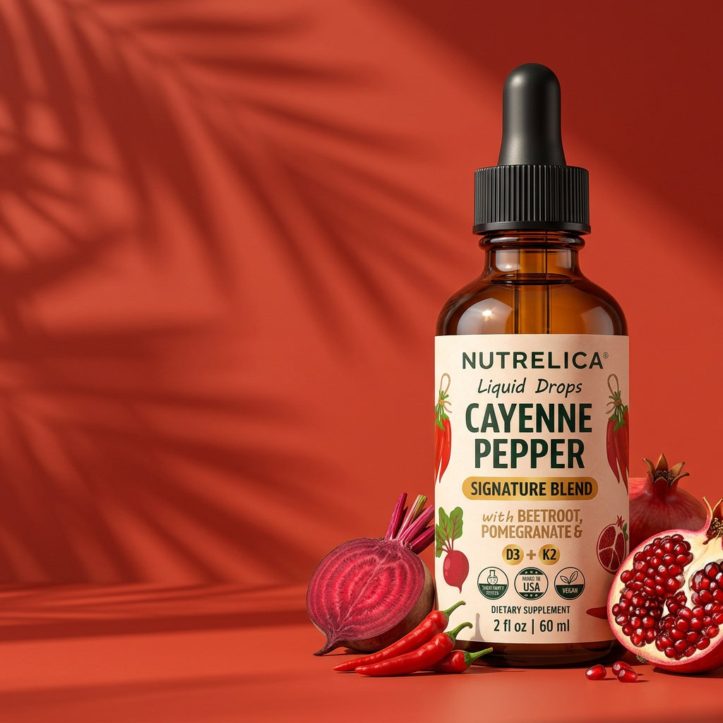 Cayenne Pepper with Beetroot, Pomegranate, Vitamin D3 & K2 bottle on a sunlit backdrop with its botanicals