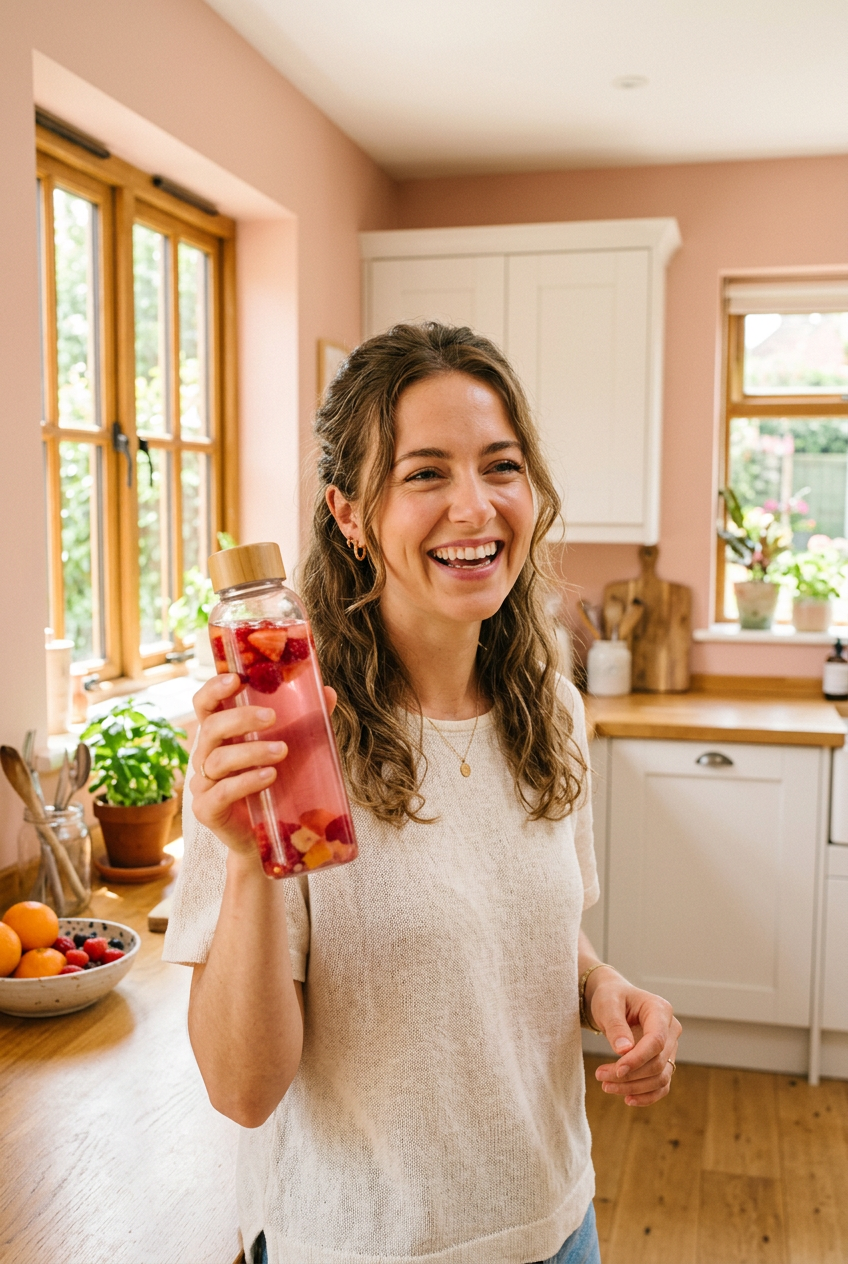 Woman smiling and holding up a bottle of pink fiber water in her kitchen