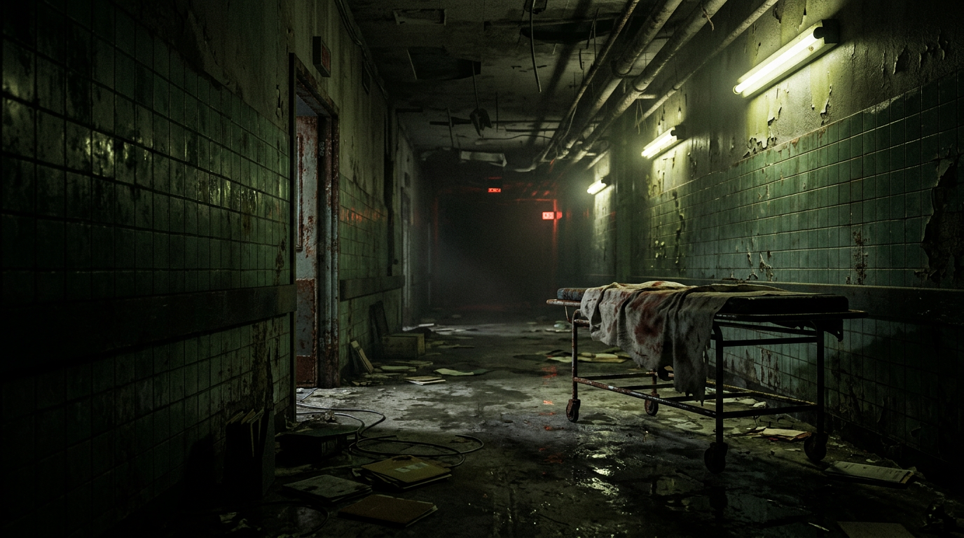 Empty abandoned hospital corridor under flickering green lights, with a blood-stained gurney, scattered files on a wet floor and red exit signs glowing in the dark