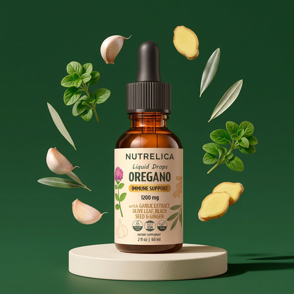 Oregano Oil drops on a pedestal with its botanicals