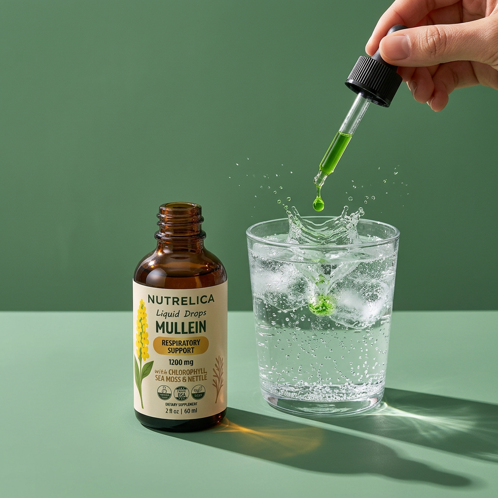 A drop of Mullein with Chlorophyll, Sea Moss & Nettle splashing into a glass of sparkling water