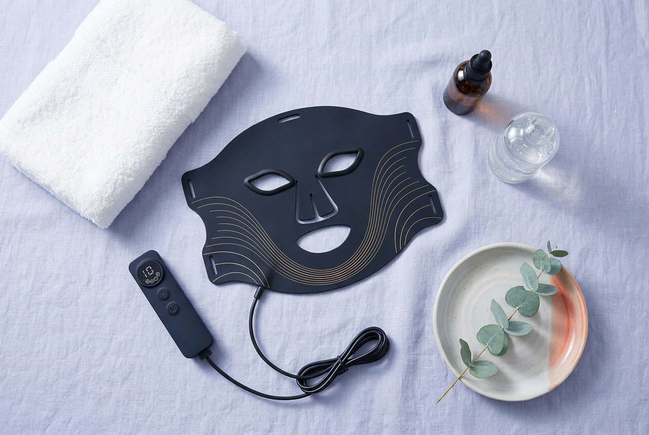 Solenne skincare ritual laid out on linen: LED mask, serum, gel and towel