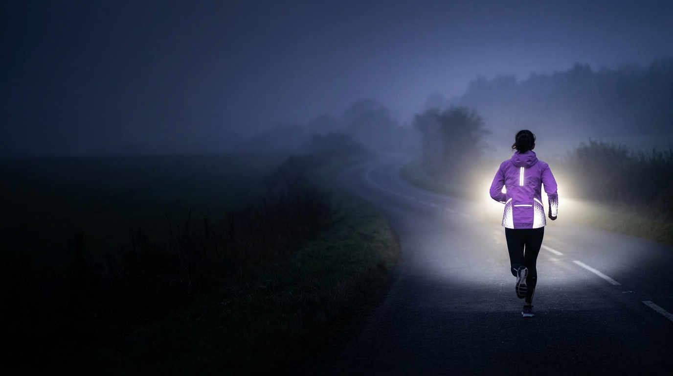 Runner glowing in a reflective jacket on a misty country road at night