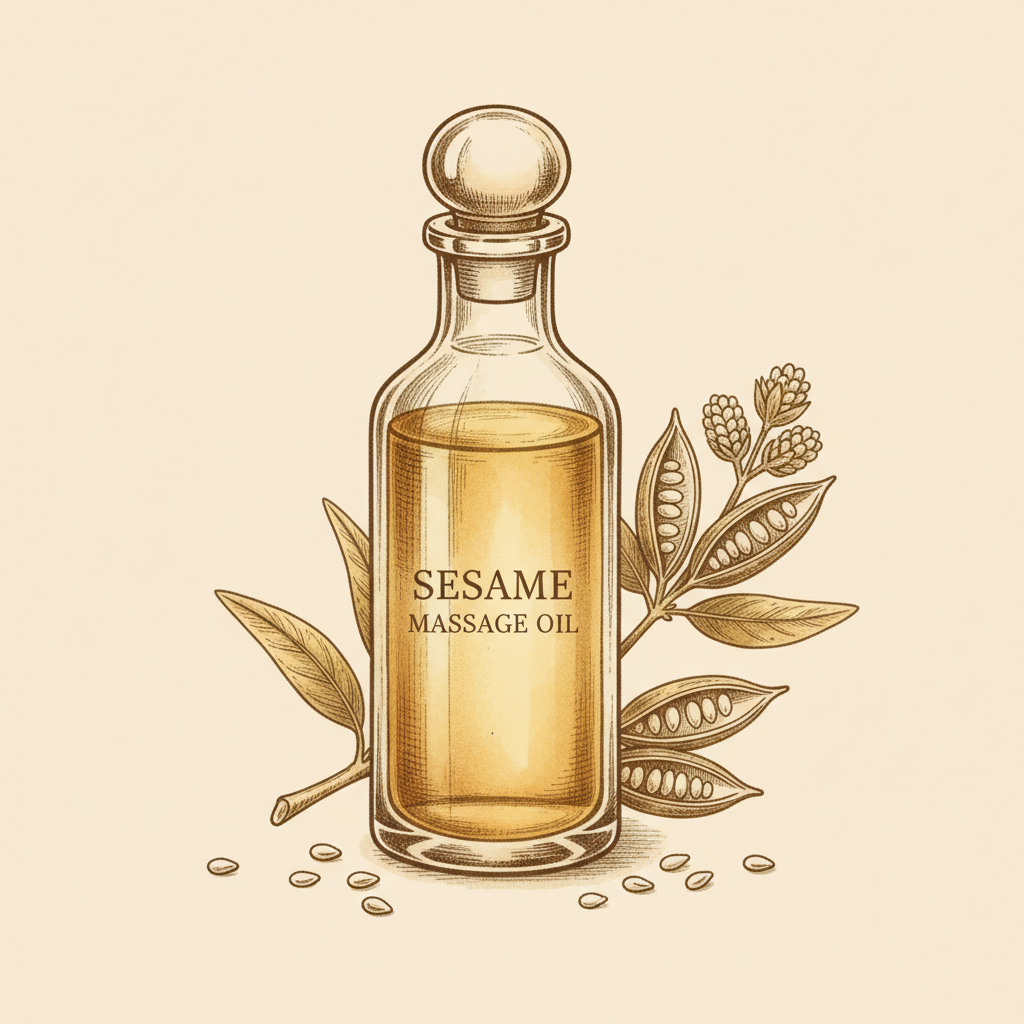 Engraving of a glass bottle of golden sesame massage oil with a sesame sprig