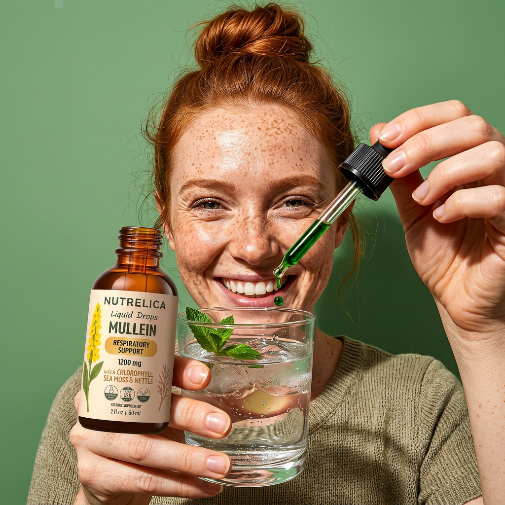 A smiling person adding Mullein drops to a glass of sparkling water