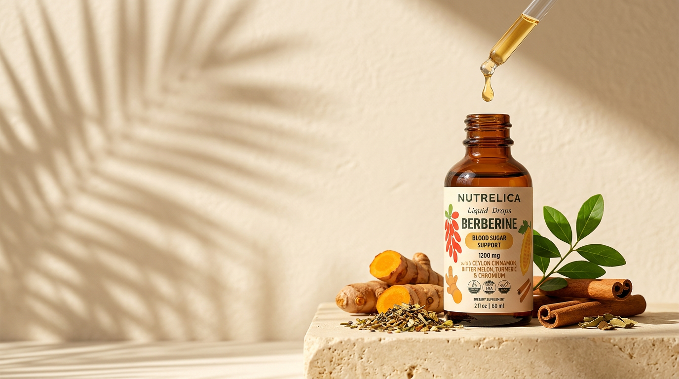 NUTRELICA amber dropper bottle with a golden drop falling from the dropper
