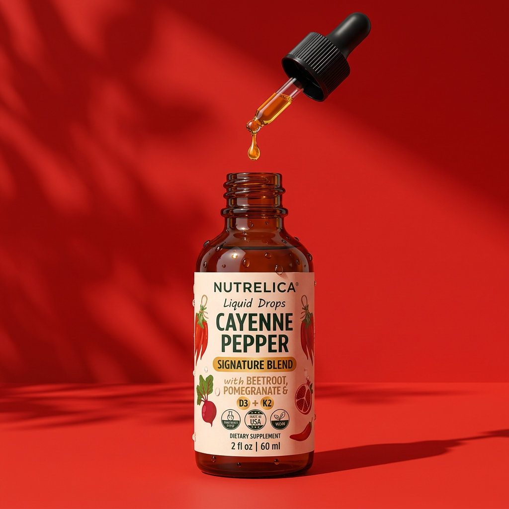 Cayenne Pepper with Beetroot, Pomegranate, Vitamin D3 & K2 amber dropper bottle in warm sunlight