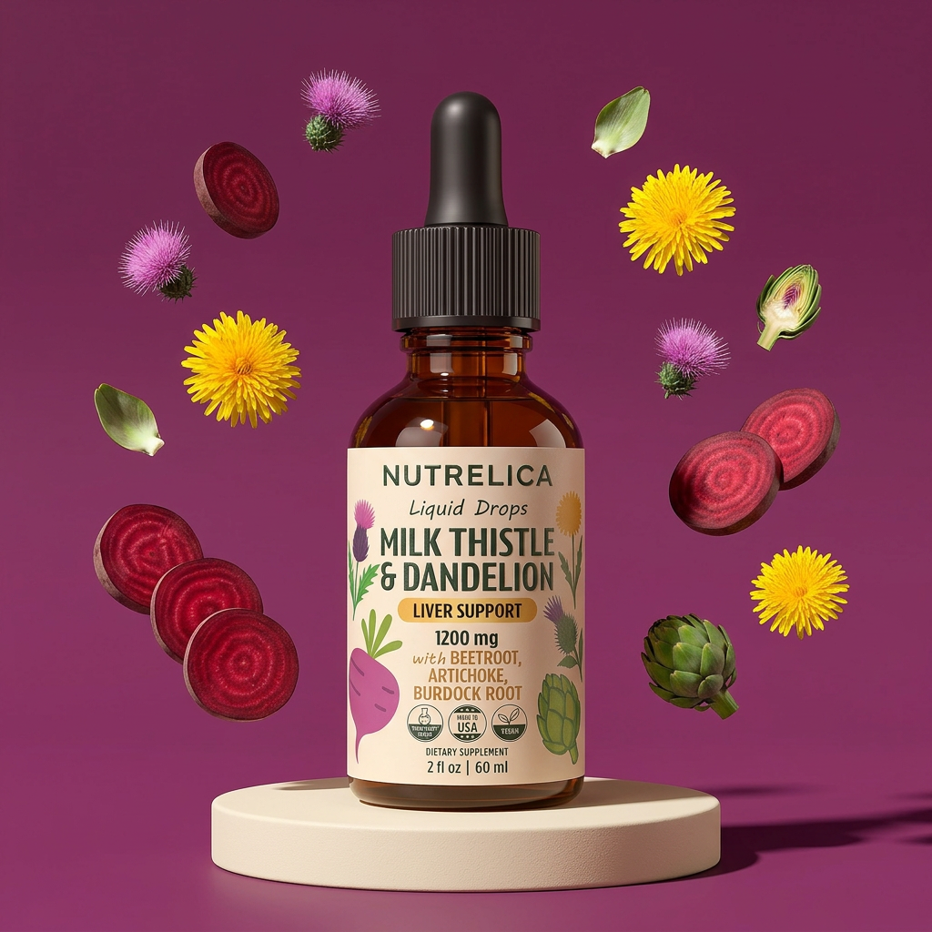 Milk Thistle drops on a pedestal with its botanicals