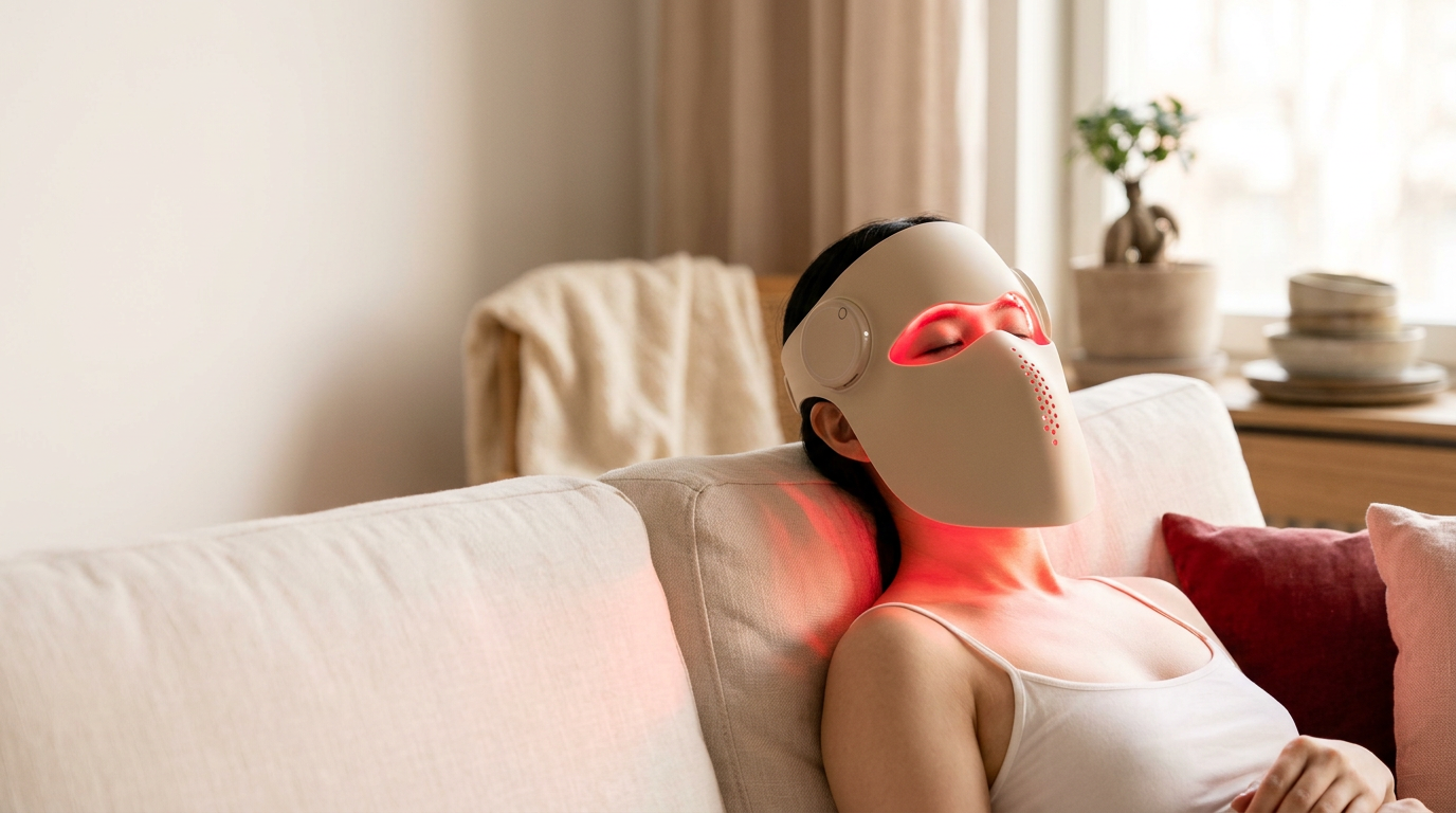 Woman relaxing at home wearing a glowing red LED light therapy mask