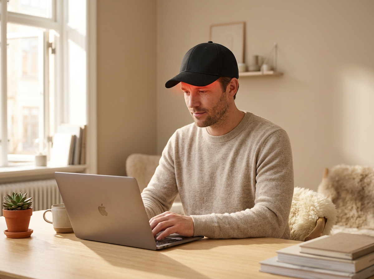 Man working at a laptop while wearing the AGE REWIND red light therapy cap